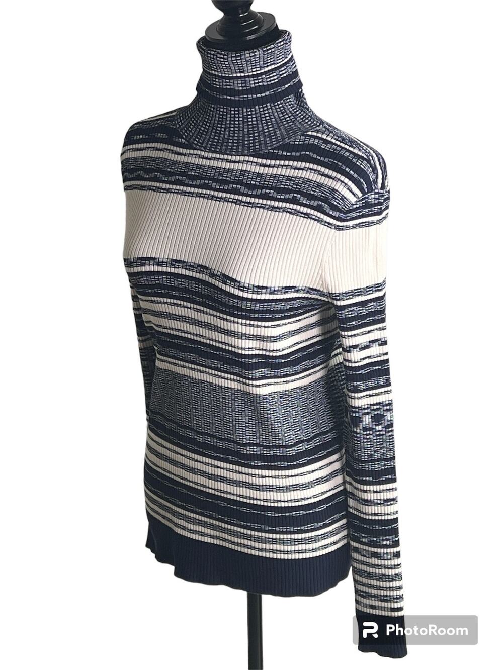 Tory Burch Womens Striped Turtleneck Sweater White Navy Blue Size S/P Small